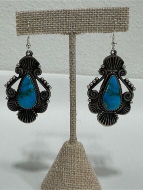 Navajo Made-Turquoise and Ornate Sterling Silver Earings